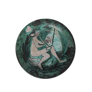 Robert Picault (1919-2000). The Faun Musician. Stanniferous Earthenware Dish. D 40.3cm