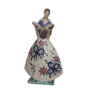 Edward Cazaux. The Reading Light. Polychrome Ceramic Sculpture. H 29.5cm