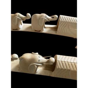 Pair Of Elephant Ivory Tusks. Seven Elephants And A Crocodile's Mouth. Length 77cm. Cites