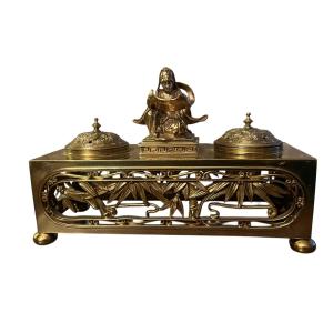 A. Giroux, Paris. Gilt Bronze Inkwell.  Chinese Scholar, Dragon Bamboo Gilt Bronze.19th Century