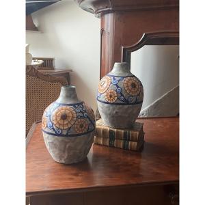 L. Dage (1885-1961). Pair Of Art Deco Vases. Stoneware With Polychrome Floral Decoration. 