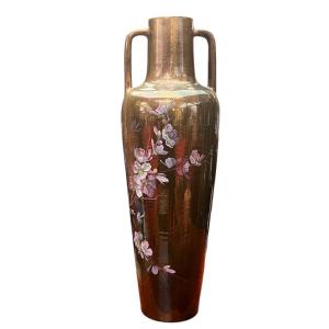 Clément Massier (1844 - 1917) Vase With Flowering Branches. H70 Cm Japonisme, Circa 1900