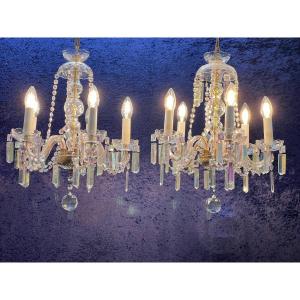 Pair Of Bohemian Iridescent Crystal Tassel Chandeliers
