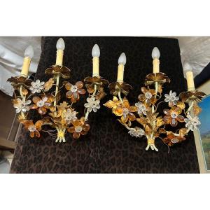 Pair Of Baguès Style Wall Lights With Crystal Flowers And Gold Sheet Metal