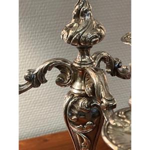Pair Of 3-light Candlesticks In Silver-plated Metal, Rocaille Model