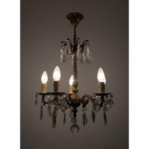 Ref128/ Bronze Chandelier With 4-light Crystal Pendants 