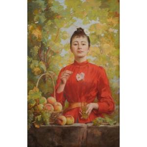 Louis Adolphe Tessier (1858-1915) Portrait Of A Woman Under A Trellis And With A Basket Of Peaches