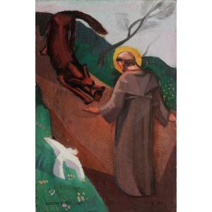 Henri Brochet (1898-1952) Saint Francis Of Assisi And The Wolf Of Gubbio