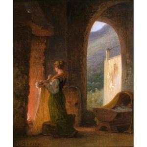 Guillaume Ronmy (1786-1854) Young Italian Woman Drying Her Child's Diapers Rouen