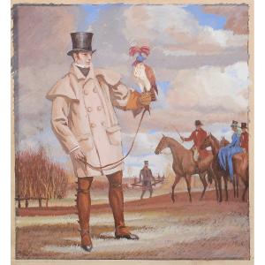 Maurice Taquoy (1878-1952) Portrait Of A Hunter In Flight And His Falcon