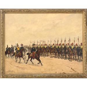Georges Hyon (1840-1913) Cavalry Review Of The 2nd Lancers Regiment Militaria