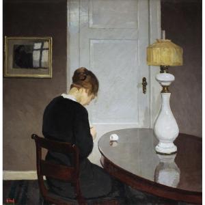 Edward Olund-hansen (1887-1979) Woman Sewing, Seen From Behind, In A Danish Interior