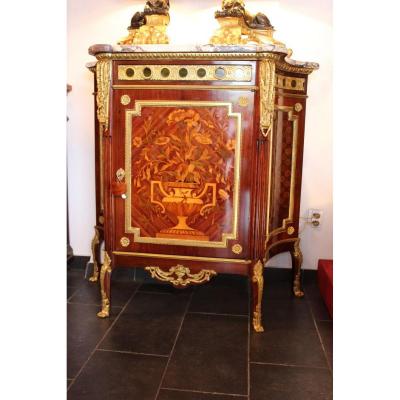 Buffet Support Height Marquetry Marble Top And Gilt Bronze, XIX Time.