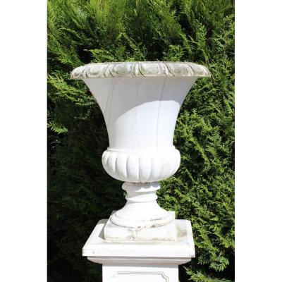 Pair Of Vases In White Marble.