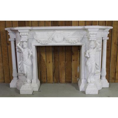 Important White Marble Fireplace