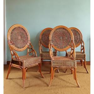 Suite Of Four Rattan And Polychrome Bamboo Chairs. (h 112 Cm)