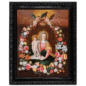 Virgin And Child In A Garland Of Flowers - Studio Of Frans Francken Ii