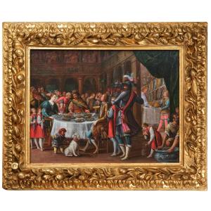 Feast Of Esther, Attributed To Denys Calvaert, Oil On Wood, 17th Century Italian School
