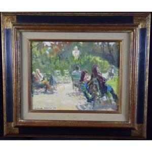 Claude Marin (1914-2001) Animated Park, Oil On Cardboard