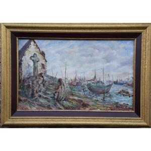 Roger Dubut (1890-1960) Fishing Port In Brittany, Oil On Panel