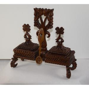 Salt Shaker - Pepper Shaker In Carved Cherry Signed J-feynie Popular Art, Dordogne Around 1920