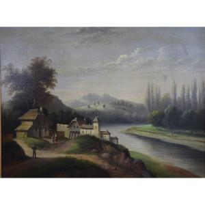 Lively Landscape, Village By A River, Romantic School, Oil On Canvas 19th Century