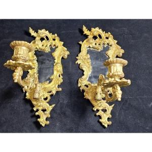 Pair Of Gilt Bronze Mirror Wall Lights, Louis XV Style - Rocaille