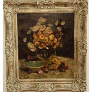 Bouquet Of Dried Flowers, Oil On Canvas Signed Mary Vonne, Mid-20th Century