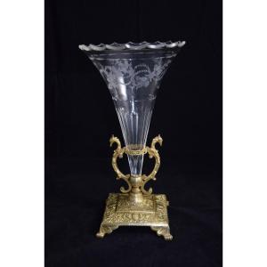 Crystal Cornet Vase, Gilded Bronze Mount, Late 19th Century.