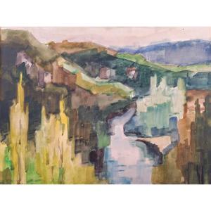 Jean Daniel Ribeyrol (1918-2005 "la Vézère In Castel-merle" Watercolor.