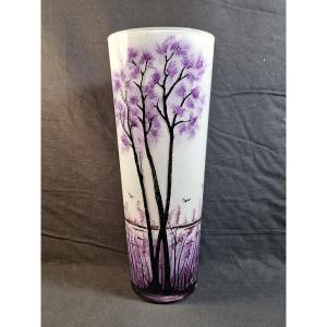 Luciano Canal In Murano Enameled Glass Vase, Lake Landscape, 20th Century