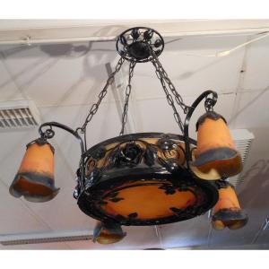 Wrought Iron Chandelier, Glassware Signed Degué, Art Nouveau Style,