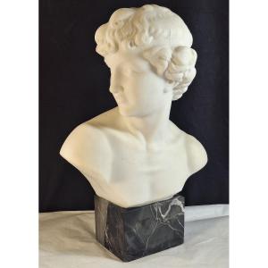 Pugi (1850 -1915) Bust Of A Young Ephebe In White Marble.