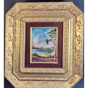 Landscape With A Pond, Enamelled Copper Plate Signed R.leclair Limoges, 20th Century  