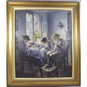Max Silbert (1871-1930) "young Women At Work" Oil On Canvas 