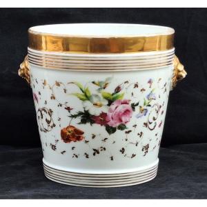 Cache Pot In Paris Porcelain, Hand-painted Flower Decor, 19th Century 