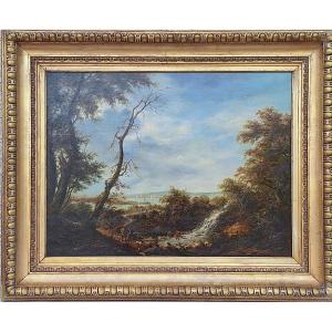 Northern School, Animated River Landscape, Early 19th Century, Oil On Mahogany Panel