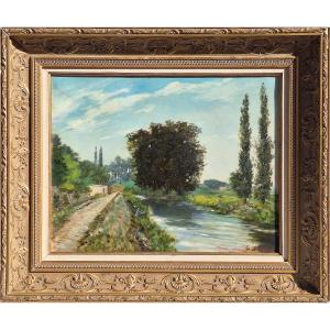Oil On Canvas, "animated Landscape", Signed L.bergon, Barbizon School, Late 19th Century 