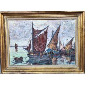 Henri Bargin (1906-1980) "tartanes In The Bay Of Saint Tropez" Oil On Panel