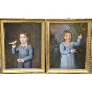 Pair Of Portraits Of Children Attributed To Haüer (1751-1829), Oils/cardboard, Late 18th Century.