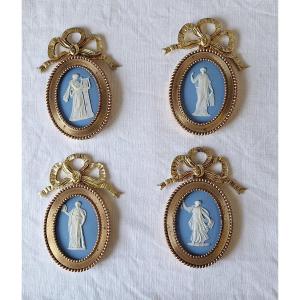 Set Of 4 Wedgwood Porcelain Medallions, Louis XVI Style Gilt Bronze Frames.