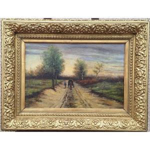 Carriole On A Country Road, Oil On Canvas, Dutch School, XIXème