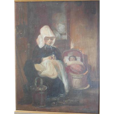 Ntimate Indoor Scene ,mère Et Son , Oil On Panel.