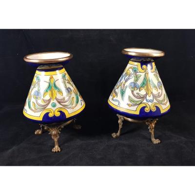 Pair Of Small Polychrome Enameled Ceramic Vases.