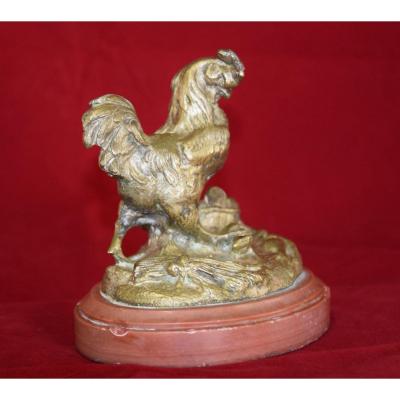 Sculpture En Bronze , "le Coq Et Le Rat " d'Après La Fable De La Fontaine , 19 ème.