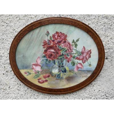 Bouquet Of Roses, Watercolor On Canvas, Signed M. Huteau Circa 1930