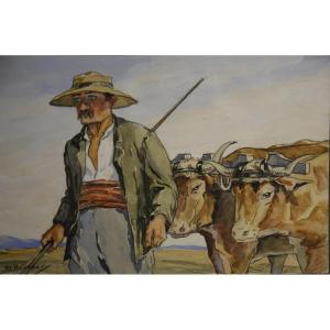 Peasant And His Team Of Oxen, Watercolor Signed Bl Bourdery