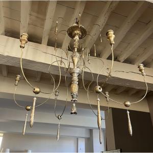 Large Wood And Gilded Iron Chandelier 