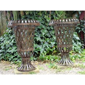 Pair Of Iron Trellis Basins 
