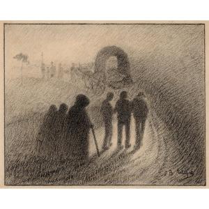 Bernard Joseph Artigue, A Religious Procession At Dusk, Signed Drawing, Fin De Siècle